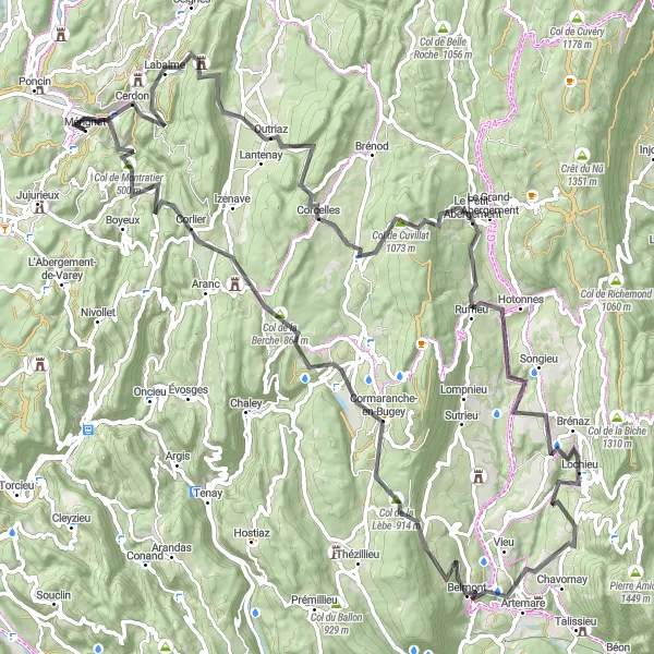 Karttaminiaatyyri "Reittivaihtoehto Poncin lähistöltä - Maantieretki Jura-vuoristoon" pyöräilyinspiraatiosta alueella Rhône-Alpes, France. Luotu Tarmacs.app pyöräilyreittisuunnittelijalla