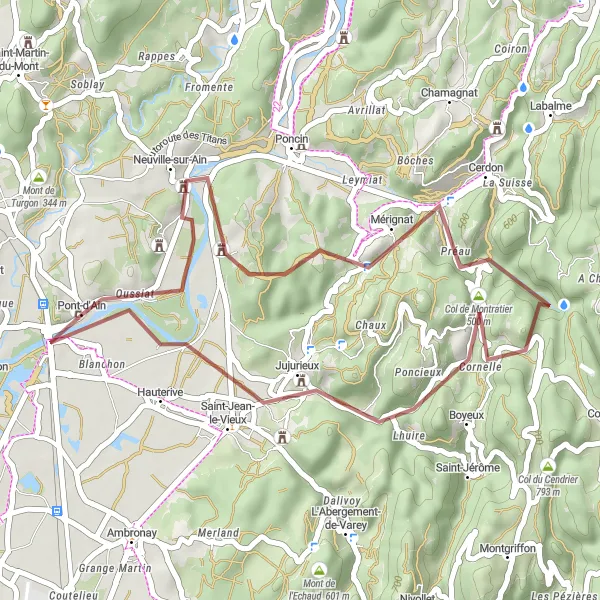 Miniatua del mapa de inspiración ciclista "Ruta de ciclismo de grava Neuville-sur-Ain - Mont Olivet" en Rhône-Alpes, France. Generado por Tarmacs.app planificador de rutas ciclistas