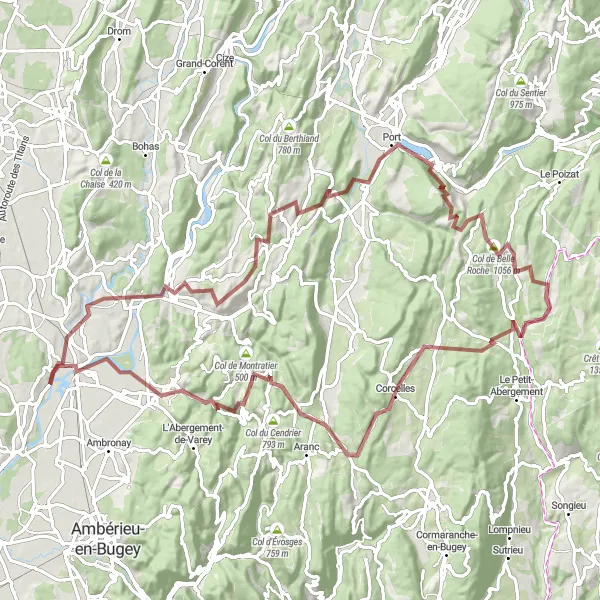 Miniature de la carte de l'inspiration cycliste "Tour des Montagnes de l'Ain" dans la Rhône-Alpes, France. Générée par le planificateur d'itinéraire cycliste Tarmacs.app