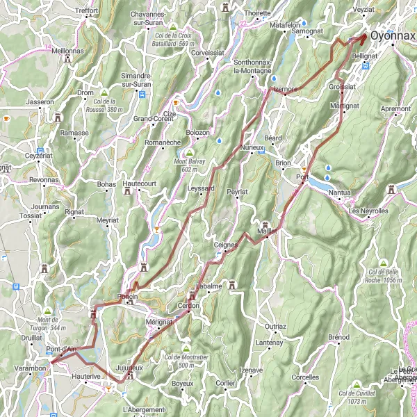 Map miniature of "Challenging Gravel Adventure near Pont-d'Ain" cycling inspiration in Rhône-Alpes, France. Generated by Tarmacs.app cycling route planner