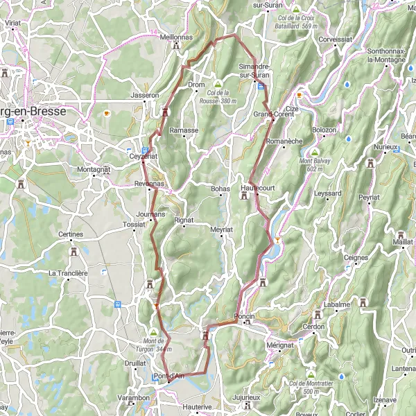 Kartminiatyr av "Grusveirute fra Pont-d'Ain" sykkelinspirasjon i Rhône-Alpes, France. Generert av Tarmacs.app sykkelrutoplanlegger