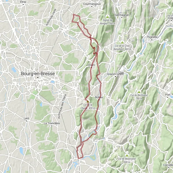 Kartminiatyr av "Grusveier i Ain-dalen" sykkelinspirasjon i Rhône-Alpes, France. Generert av Tarmacs.app sykkelrutoplanlegger