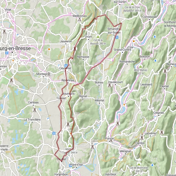 Miniatua del mapa de inspiración ciclista "Ruta Gravel de Pont-d'Ain a Pont-d'Ain" en Rhône-Alpes, France. Generado por Tarmacs.app planificador de rutas ciclistas