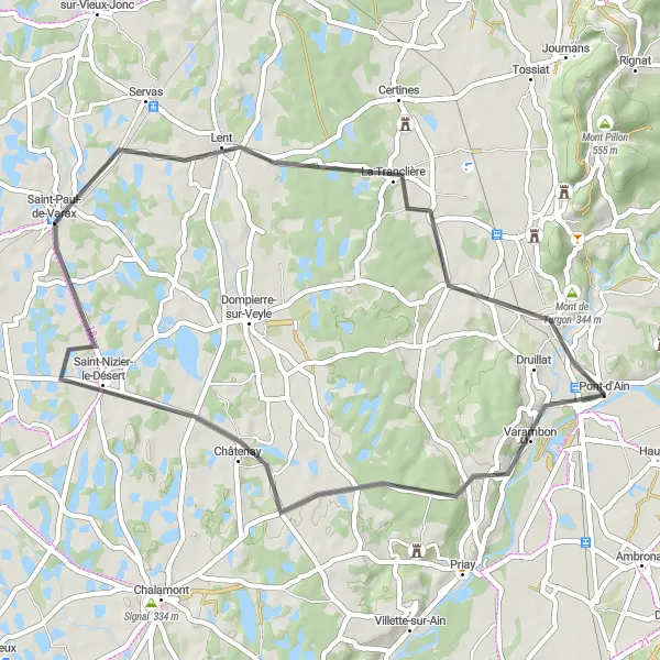 Map miniature of "Pont-d'Ain Circuit" cycling inspiration in Rhône-Alpes, France. Generated by Tarmacs.app cycling route planner