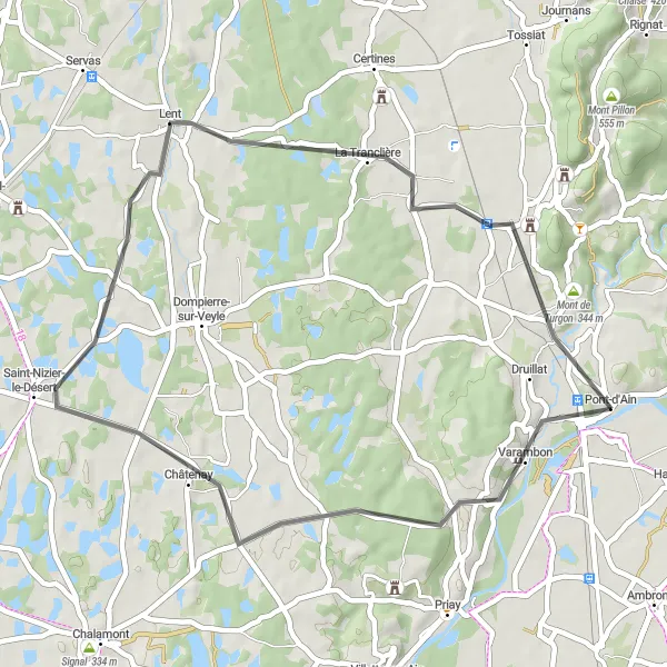 Mapa miniatúra "Cestná cyklotrasa okolo Pont-d'Ain" cyklistická inšpirácia v Rhône-Alpes, France. Vygenerované cyklistickým plánovačom trás Tarmacs.app