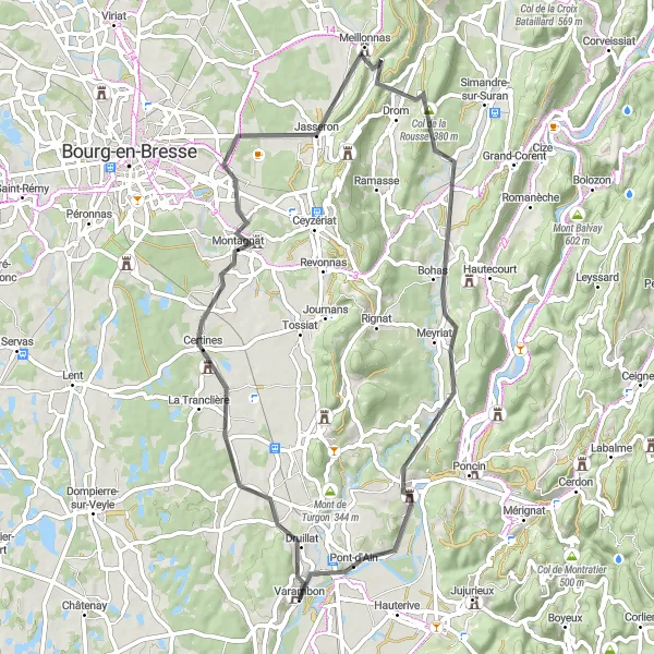 Zemljevid v pomanjšavi "Cestna krožna pot okoli Pont-d'Aina" kolesarske inspiracije v Rhône-Alpes, France. Generirano z načrtovalcem kolesarskih poti Tarmacs.app