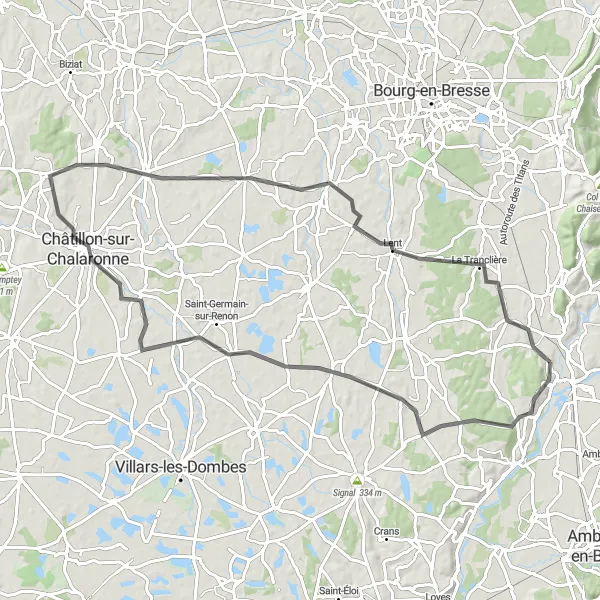 Miniatuurkaart van de fietsinspiratie "Wegroute naar Druillat" in Rhône-Alpes, France. Gemaakt door de Tarmacs.app fietsrouteplanner