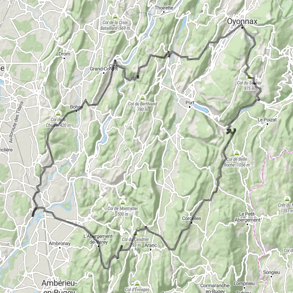 Miniatuurkaart van de fietsinspiratie "Uitdagende wegfietsroute rond Pont-d'Ain" in Rhône-Alpes, France. Gemaakt door de Tarmacs.app fietsrouteplanner