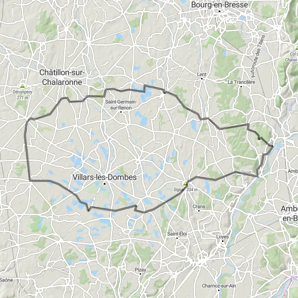 Miniatua del mapa de inspiración ciclista "Ruta de Ciclismo de Carretera Pont-d'Ain - Varambon" en Rhône-Alpes, France. Generado por Tarmacs.app planificador de rutas ciclistas