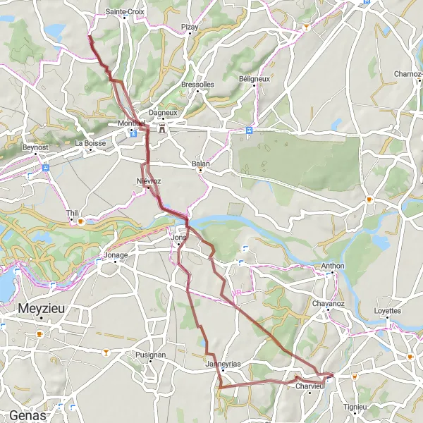 Mapa miniatúra "Gravel cyklotúra do Niévroz a Jailleux" cyklistická inšpirácia v Rhône-Alpes, France. Vygenerované cyklistickým plánovačom trás Tarmacs.app