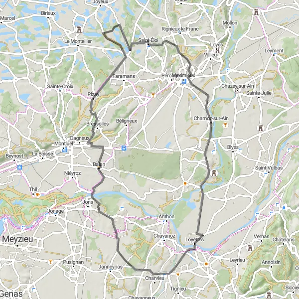 Map miniature of "Pont-de-Chéruy to Loyettes Loop" cycling inspiration in Rhône-Alpes, France. Generated by Tarmacs.app cycling route planner