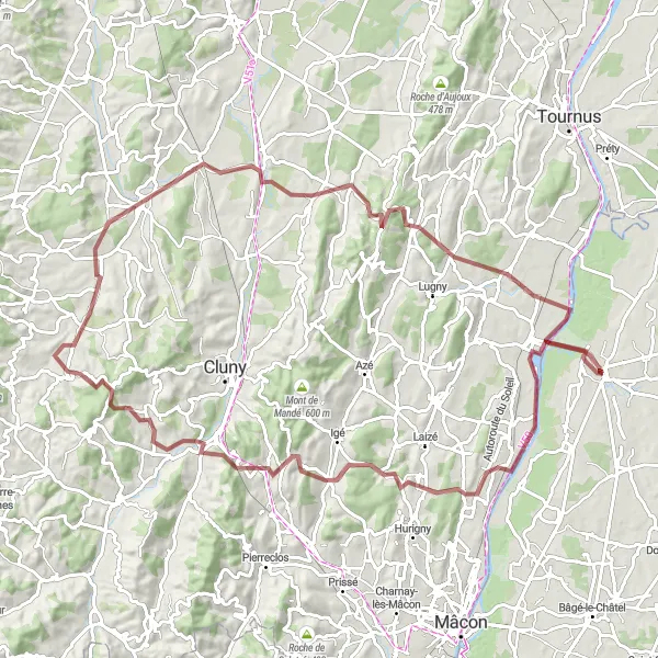 Map miniature of "Challenging Gravel Adventure from Pont-De-Vaux" cycling inspiration in Rhône-Alpes, France. Generated by Tarmacs.app cycling route planner