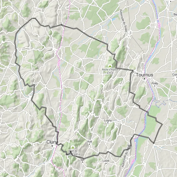 Map miniature of "Majestic Hills" cycling inspiration in Rhône-Alpes, France. Generated by Tarmacs.app cycling route planner