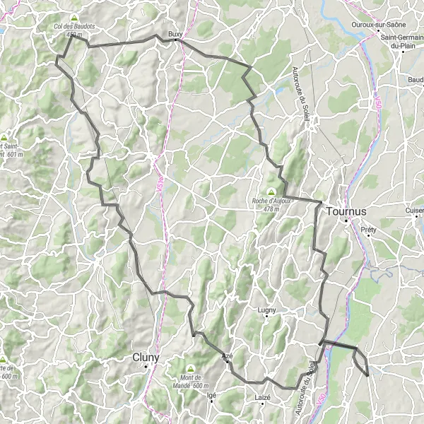 Zemljevid v pomanjšavi "Krožna kolesarska pot okoli Pont-de-Vaux" kolesarske inspiracije v Rhône-Alpes, France. Generirano z načrtovalcem kolesarskih poti Tarmacs.app