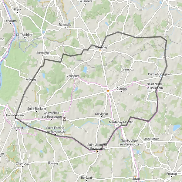 Zemljevid v pomanjšavi "Raziskovanje okolice Saint-Nizier-le-Bouchoux" kolesarske inspiracije v Rhône-Alpes, France. Generirano z načrtovalcem kolesarskih poti Tarmacs.app