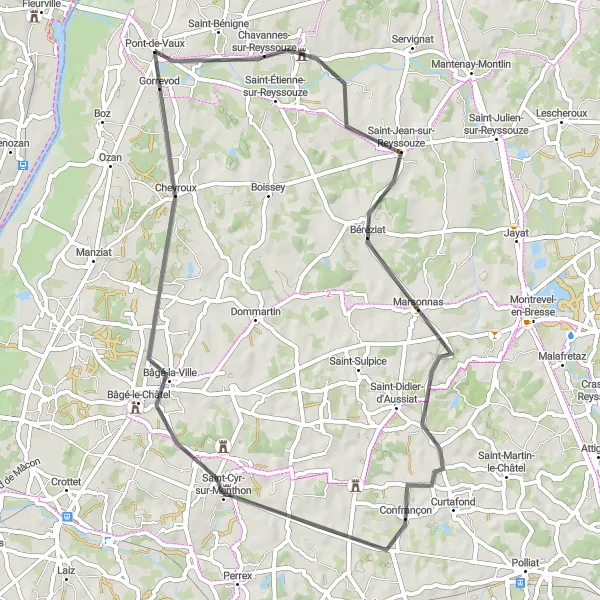 Zemljevid v pomanjšavi "Cestna avantura v okolici Pont-de-Vaux" kolesarske inspiracije v Rhône-Alpes, France. Generirano z načrtovalcem kolesarskih poti Tarmacs.app