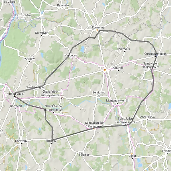 Miniatura della mappa di ispirazione al ciclismo "Pont-de-Vaux - Boissey" nella regione di Rhône-Alpes, France. Generata da Tarmacs.app, pianificatore di rotte ciclistiche