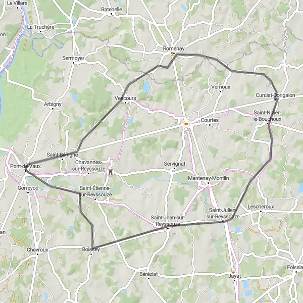 Map miniature of "Pont-de-Vaux to Vescours Loop" cycling inspiration in Rhône-Alpes, France. Generated by Tarmacs.app cycling route planner