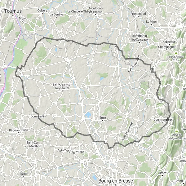 Kartminiatyr av "Landsbyer og natur på sykkel fra Arbigny til Gorrevod" sykkelinspirasjon i Rhône-Alpes, France. Generert av Tarmacs.app sykkelrutoplanlegger