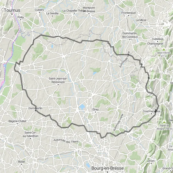 Map miniature of "Pont-de-Vaux to Arbigny Loop" cycling inspiration in Rhône-Alpes, France. Generated by Tarmacs.app cycling route planner