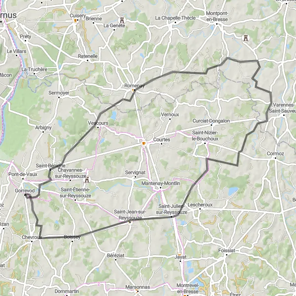 Miniatura della mappa di ispirazione al ciclismo "Giro panoramico in bicicletta da Pont-de-Vaux" nella regione di Rhône-Alpes, France. Generata da Tarmacs.app, pianificatore di rotte ciclistiche
