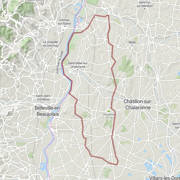 Miniatura della mappa di ispirazione al ciclismo "Escursione gravel tra Pont-de-Veyle e Cormoranche-sur-Saône" nella regione di Rhône-Alpes, France. Generata da Tarmacs.app, pianificatore di rotte ciclistiche