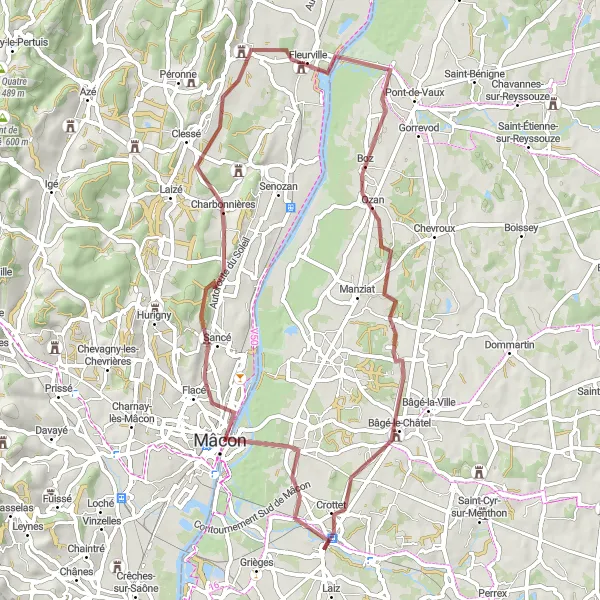 Miniatua del mapa de inspiración ciclista "Ruta de ciclismo en gravilla desde Pont-de-Veyle" en Rhône-Alpes, France. Generado por Tarmacs.app planificador de rutas ciclistas