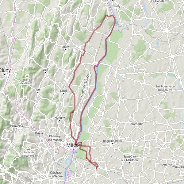 Mapa miniatúra "Gravelová trasa okolo Mâconu a Sancé" cyklistická inšpirácia v Rhône-Alpes, France. Vygenerované cyklistickým plánovačom trás Tarmacs.app