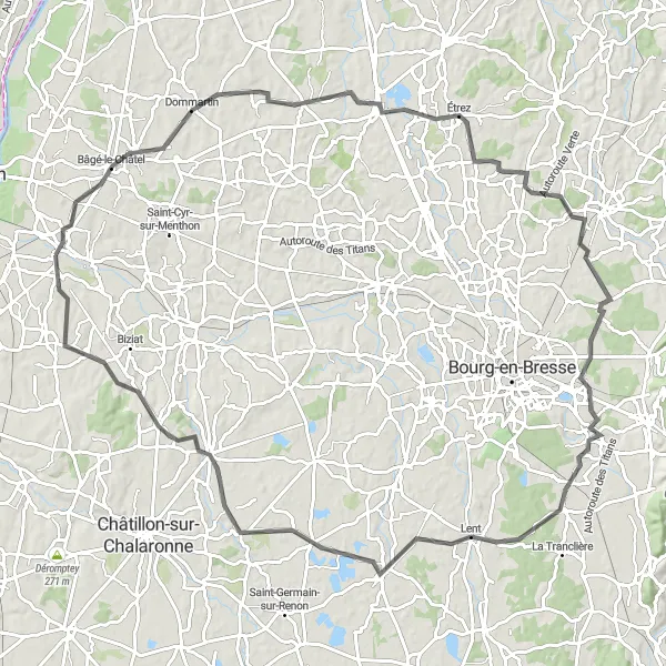 Miniatura della mappa di ispirazione al ciclismo "Ciclismo tra Bâgé-le-Châtel e Saint-André-d'Huiriat" nella regione di Rhône-Alpes, France. Generata da Tarmacs.app, pianificatore di rotte ciclistiche