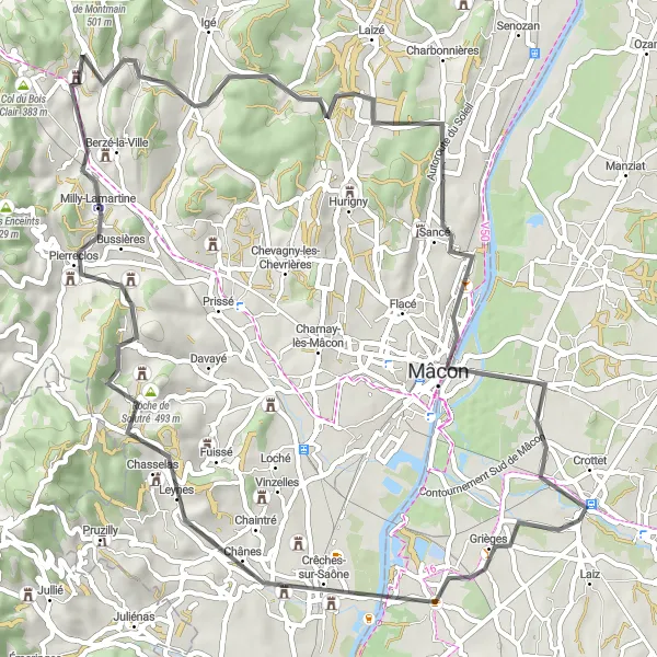 Miniatura della mappa di ispirazione al ciclismo "Giro in bicicletta Pont-de-Veyle - Mâcon" nella regione di Rhône-Alpes, France. Generata da Tarmacs.app, pianificatore di rotte ciclistiche