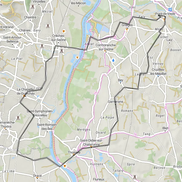 Miniature de la carte de l'inspiration cycliste "Boucle de Garnerans à Pont-de-Veyle" dans la Rhône-Alpes, France. Générée par le planificateur d'itinéraire cycliste Tarmacs.app