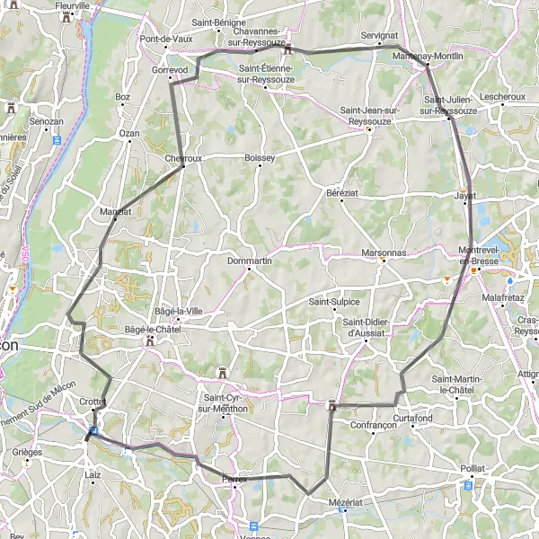 Zemljevid v pomanjšavi "Pitoreskna cestna kolesarska pot v okolici Pont-de-Veyle" kolesarske inspiracije v Rhône-Alpes, France. Generirano z načrtovalcem kolesarskih poti Tarmacs.app