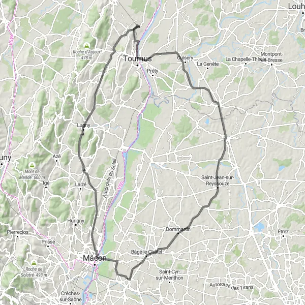 Map miniature of "Scenic Road Tour of Mâcon" cycling inspiration in Rhône-Alpes, France. Generated by Tarmacs.app cycling route planner