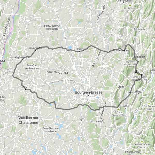 Miniatua del mapa de inspiración ciclista "Gran Ruta de Ciclismo por Bâgé-le-Châtel - Grand-Faubourg" en Rhône-Alpes, France. Generado por Tarmacs.app planificador de rutas ciclistas