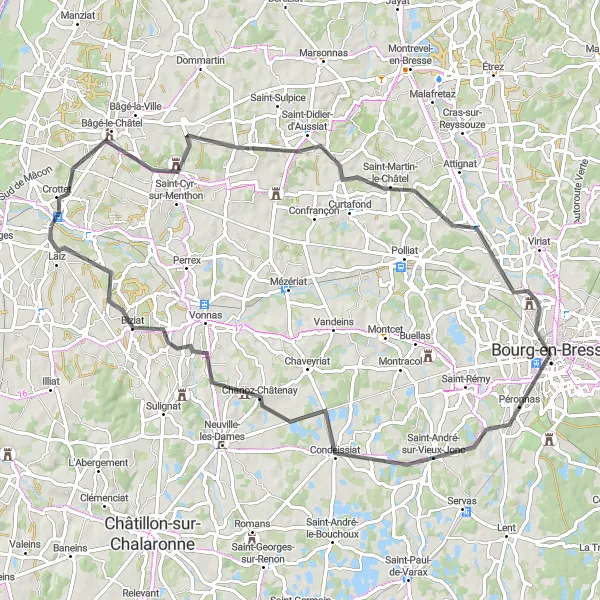 Miniaturní mapa "Cyklistická trasa okolo Pont-de-Veyle" inspirace pro cyklisty v oblasti Rhône-Alpes, France. Vytvořeno pomocí plánovače tras Tarmacs.app