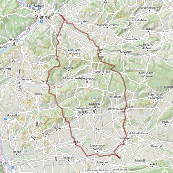 Miniatura della mappa di ispirazione al ciclismo "Avventura ciclistica tra strade sterrate e paesaggi rurali" nella regione di Rhône-Alpes, France. Generata da Tarmacs.app, pianificatore di rotte ciclistiche