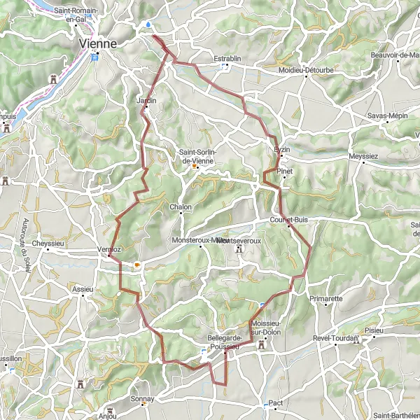 Miniatura della mappa di ispirazione al ciclismo "Giro in bicicletta Pont-Évêque - Cour-et-Buis - Bellegarde-Poussieu - La Chapelle-de-Surieu - Vernioz - Jardin - Pont-Évêque" nella regione di Rhône-Alpes, France. Generata da Tarmacs.app, pianificatore di rotte ciclistiche