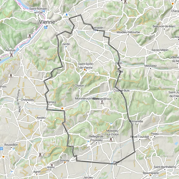 Miniatura della mappa di ispirazione al ciclismo "Giro in bicicletta Pont-Évêque - Estrablin - Primarette - La Chapelle-de-Surieu - Les Côtes-d'Arey - Pont-Évêque" nella regione di Rhône-Alpes, France. Generata da Tarmacs.app, pianificatore di rotte ciclistiche