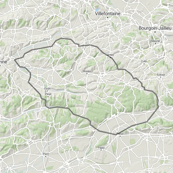 Map miniature of "Hills and Valleys of Isère" cycling inspiration in Rhône-Alpes, France. Generated by Tarmacs.app cycling route planner