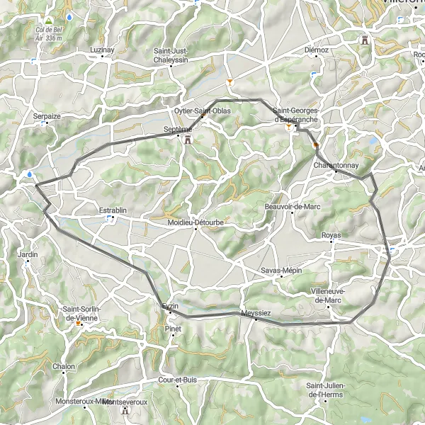 Kartminiatyr av "Runt Pont-Évêque Road Cycling Route" cykelinspiration i Rhône-Alpes, France. Genererad av Tarmacs.app cykelruttplanerare