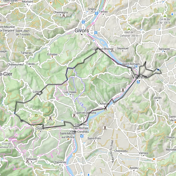 Map miniature of "Rhône Valley Road Marathon" cycling inspiration in Rhône-Alpes, France. Generated by Tarmacs.app cycling route planner