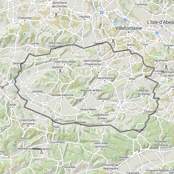 Mapa miniatúra "Cyklotúra Pont-Évêque - Serpaize - Diémoz - Villeneuve-de-Marc - Eyzin" cyklistická inšpirácia v Rhône-Alpes, France. Vygenerované cyklistickým plánovačom trás Tarmacs.app