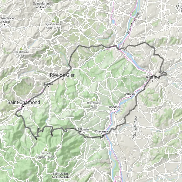 Karttaminiaatyyri "Pont-Évêque - Belvédère de Pipet - Vienne - Chonas-l'Amballan - Chavanay - Doizieux - Saint-Chamond - Rive-de-Gier - Chasse-sur-Rhône - Pont-Évêque" pyöräilyinspiraatiosta alueella Rhône-Alpes, France. Luotu Tarmacs.app pyöräilyreittisuunnittelijalla