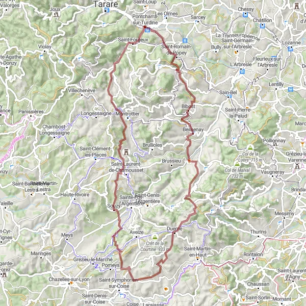 Miniature de la carte de l'inspiration cycliste "Aventure gravel dans les monts du Lyonnais" dans la Rhône-Alpes, France. Générée par le planificateur d'itinéraire cycliste Tarmacs.app