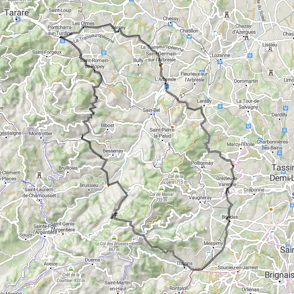 Miniature de la carte de l'inspiration cycliste "Boucle des Monts du Lyonnais" dans la Rhône-Alpes, France. Générée par le planificateur d'itinéraire cycliste Tarmacs.app