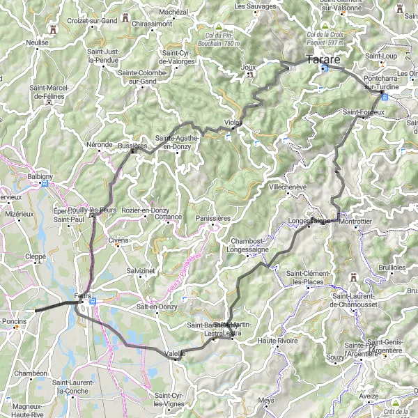 Miniature de la carte de l'inspiration cycliste "Tour de Monts du Lyonnais en vélo de route" dans la Rhône-Alpes, France. Générée par le planificateur d'itinéraire cycliste Tarmacs.app