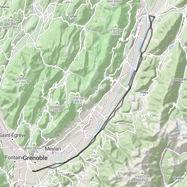 Mapa miniatúra "Kruhová cesta okolo Murianette" cyklistická inšpirácia v Rhône-Alpes, France. Vygenerované cyklistickým plánovačom trás Tarmacs.app