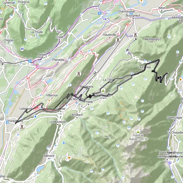 Kartminiatyr av "Utfordrende landeveistur nær Pontcharra" sykkelinspirasjon i Rhône-Alpes, France. Generert av Tarmacs.app sykkelrutoplanlegger