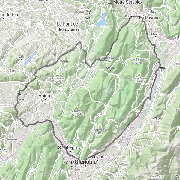 Mapa miniatúra "Cycling tour Le Touvet - La Tronche - Veurey-Voroize - Bec de l'Échaillon - Saint-Blaise-du-Buis - Saint-Bueil - Les Échelles - Col de Couz - Cognin - Terrasse de Montgelas - Chapareillan" cyklistická inšpirácia v Rhône-Alpes, France. Vygenerované cyklistickým plánovačom trás Tarmacs.app