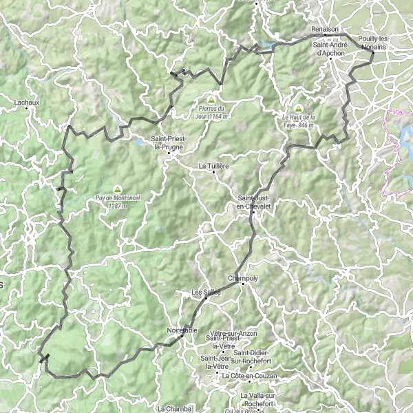 Miniature de la carte de l'inspiration cycliste "Tour des Monts du Forez" dans la Rhône-Alpes, France. Générée par le planificateur d'itinéraire cycliste Tarmacs.app